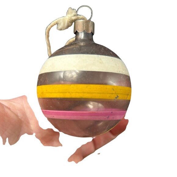 Vtg Corning Small Unsilvered Glass Ornament Stripe Pink White Yellow Corning - Picture 7 of 8